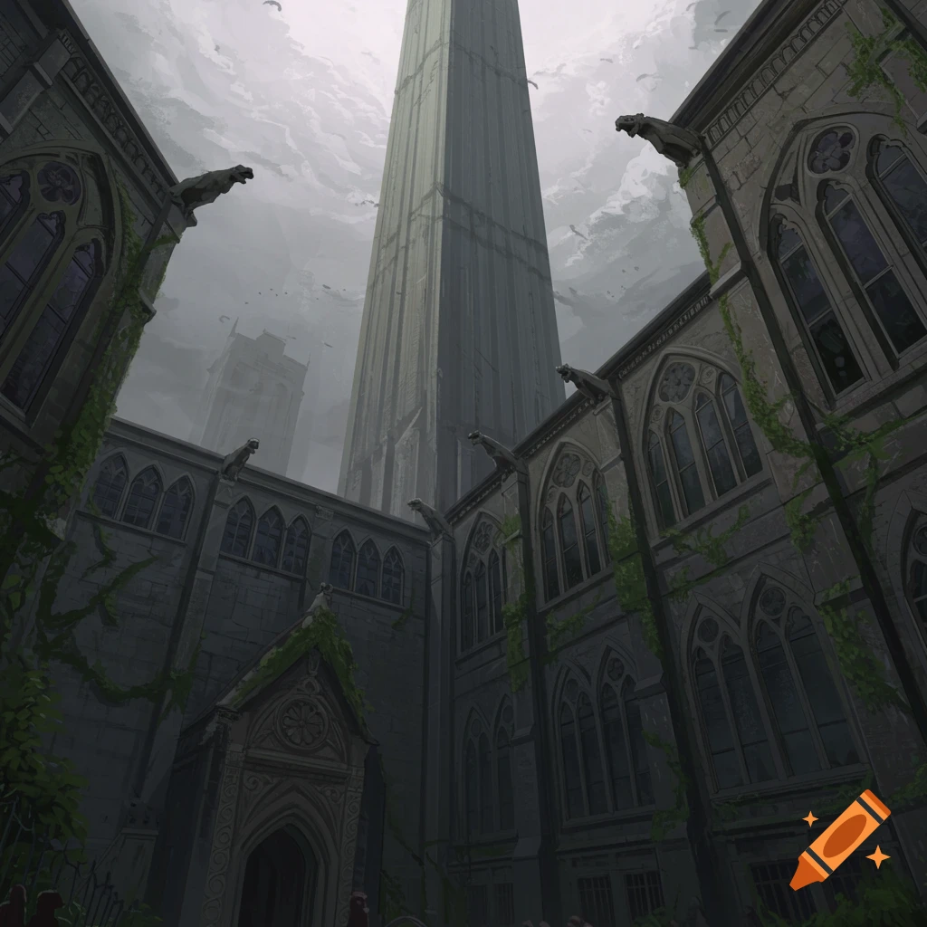 A tall, dark gothic tower rises above a detailed stone courtyard with gargoyles under a cloudy sky.