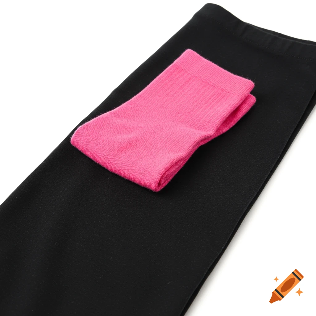 A pair of folded black leggings with a pink sock on top.