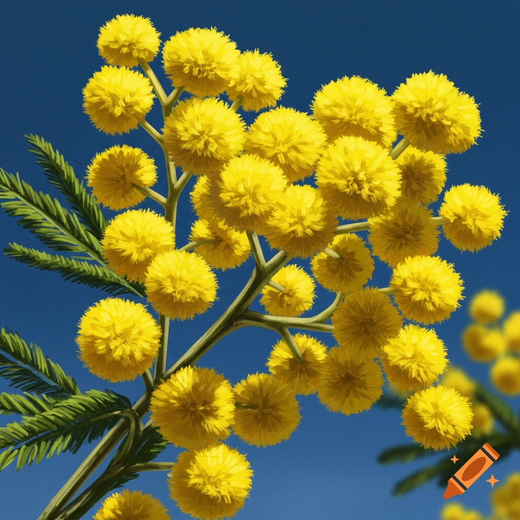 Bright yellow mimosa flowers against a blue sky.