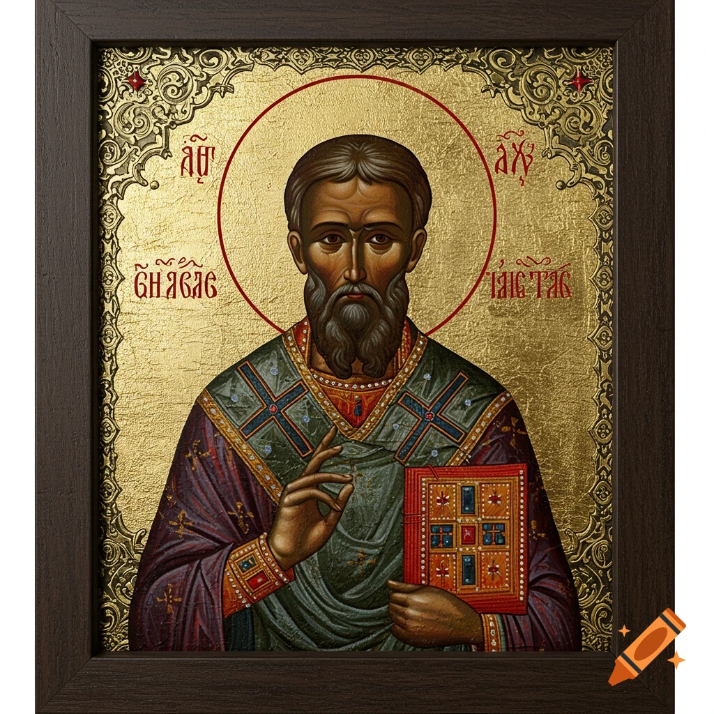 A religious icon painting of a bearded saint with a halo, holding a book, against a gold leaf background. Text is visible around the halo and on the book.