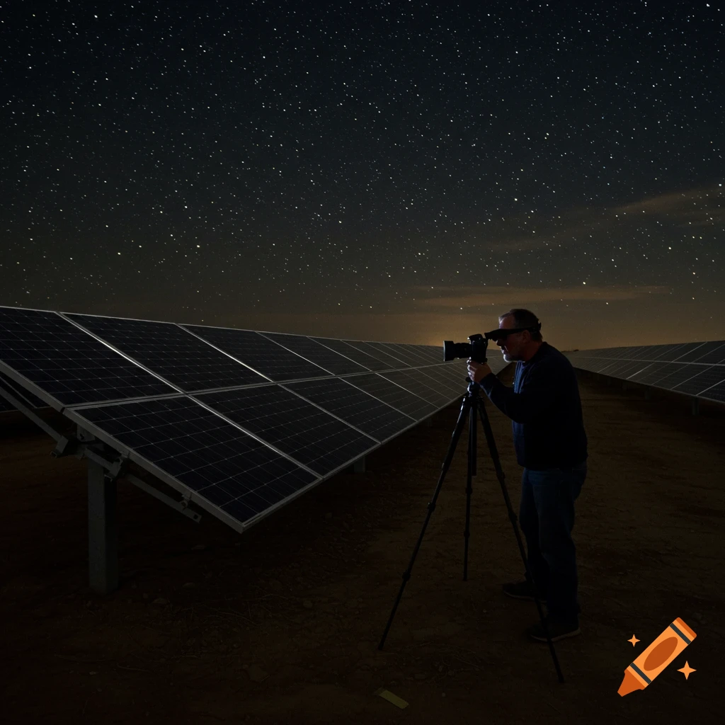 Person photographs solar panels at night under a starry sky