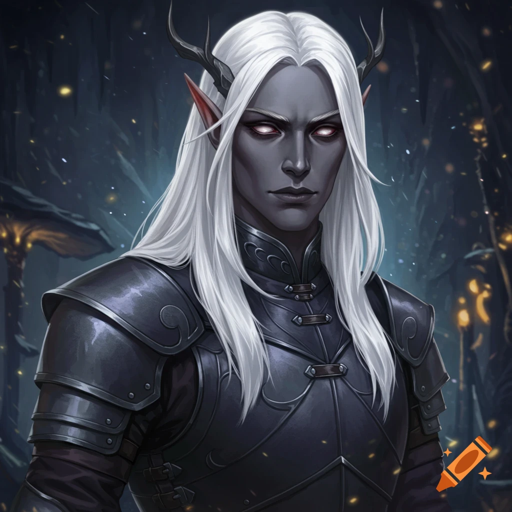 Dark-skinned drow elf man with white hair and horns wearing armor in a dark fantasy setting.