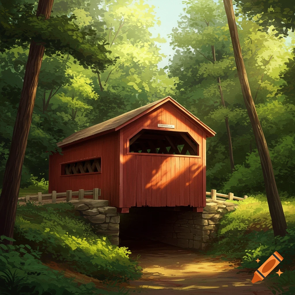 A red covered bridge in a forest, sunlight filtering through trees.