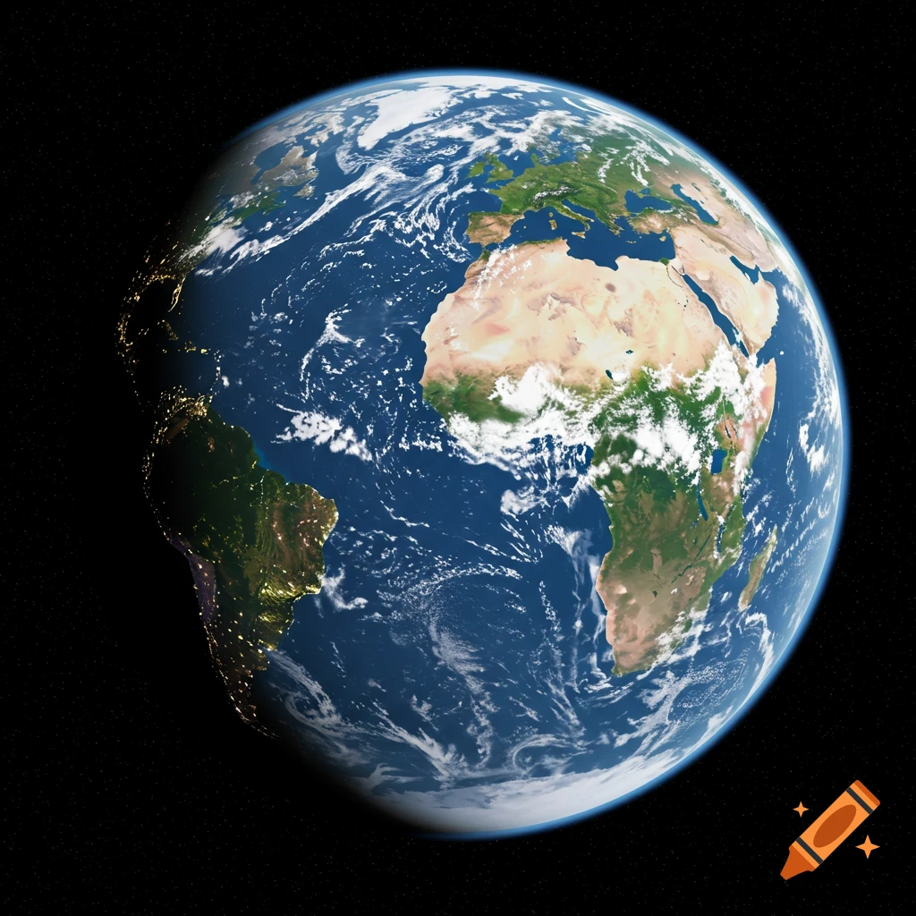 The Earth seen from space, showing continents, clouds, and city lights on the night side.