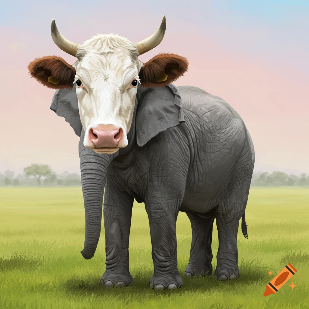 A creature with a cow head and an elephant body standing in a grassy field.