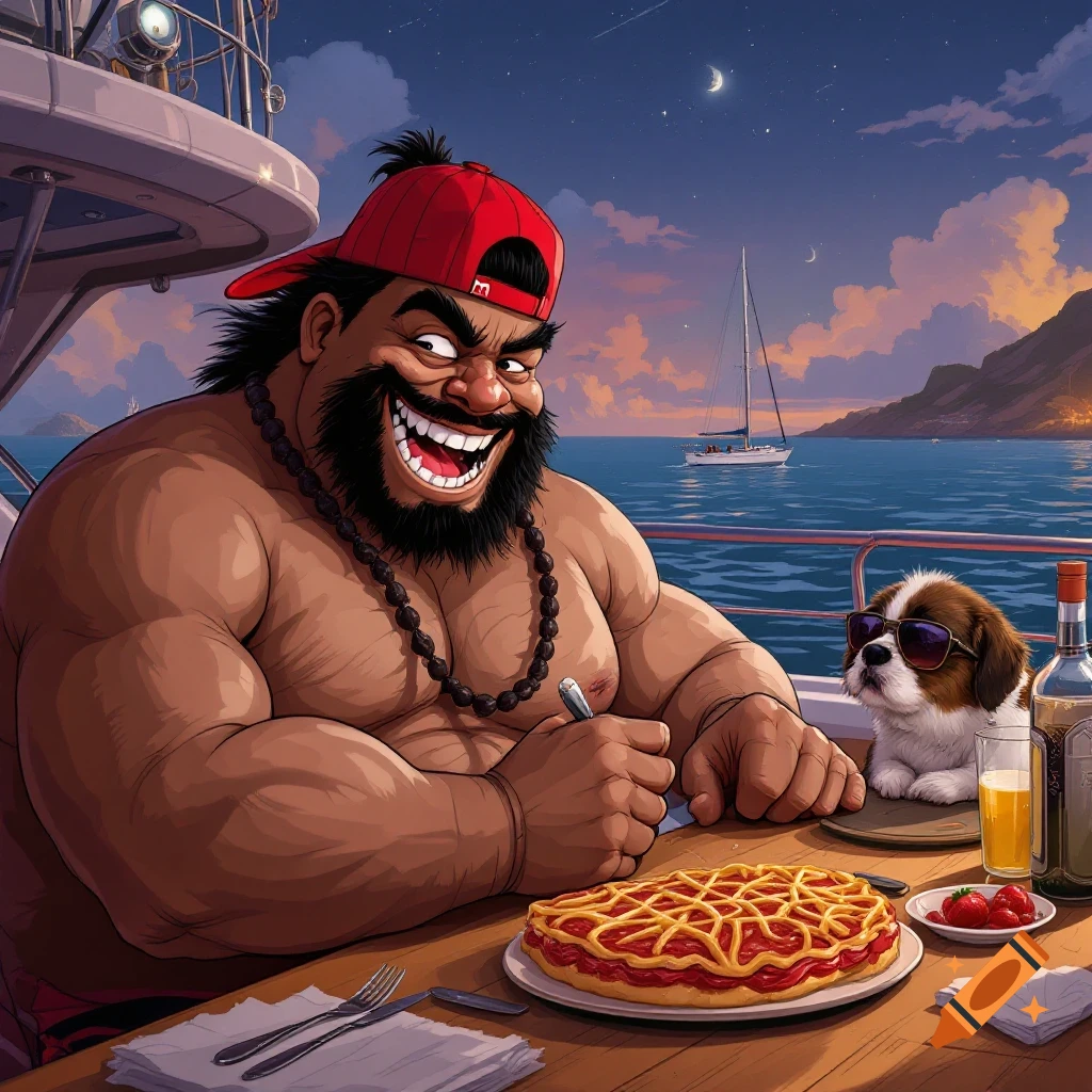 Cartoon man and dog eating pie on a boat at night.