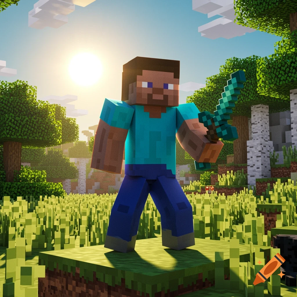 Minecraft Steve holds a diamond sword in a sunny, grassy landscape.