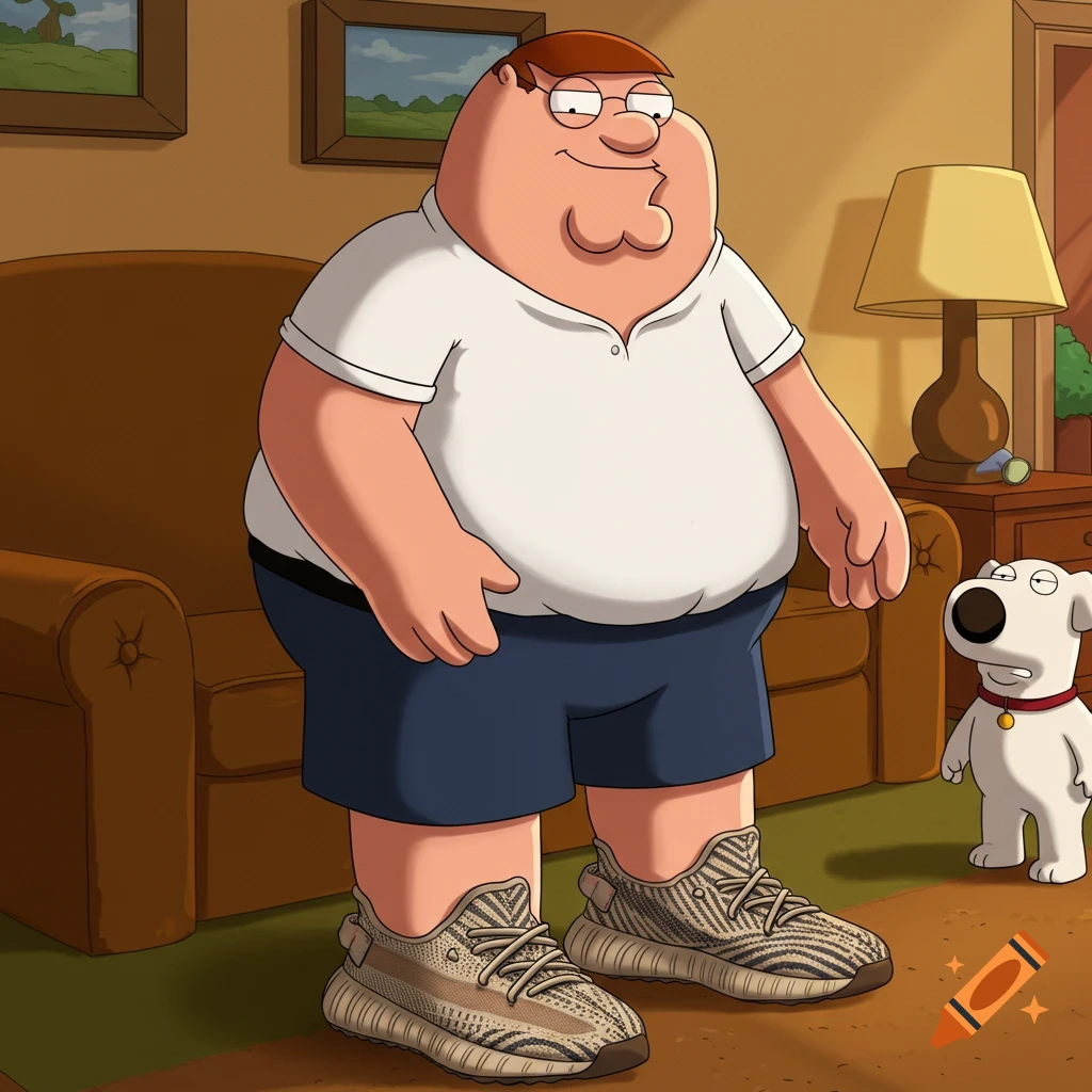 Peter Griffin wearing sneakers stands next to Brian in a living room, in  the style of the Family Guy cartoon. on Craiyon, image size:1024x1024