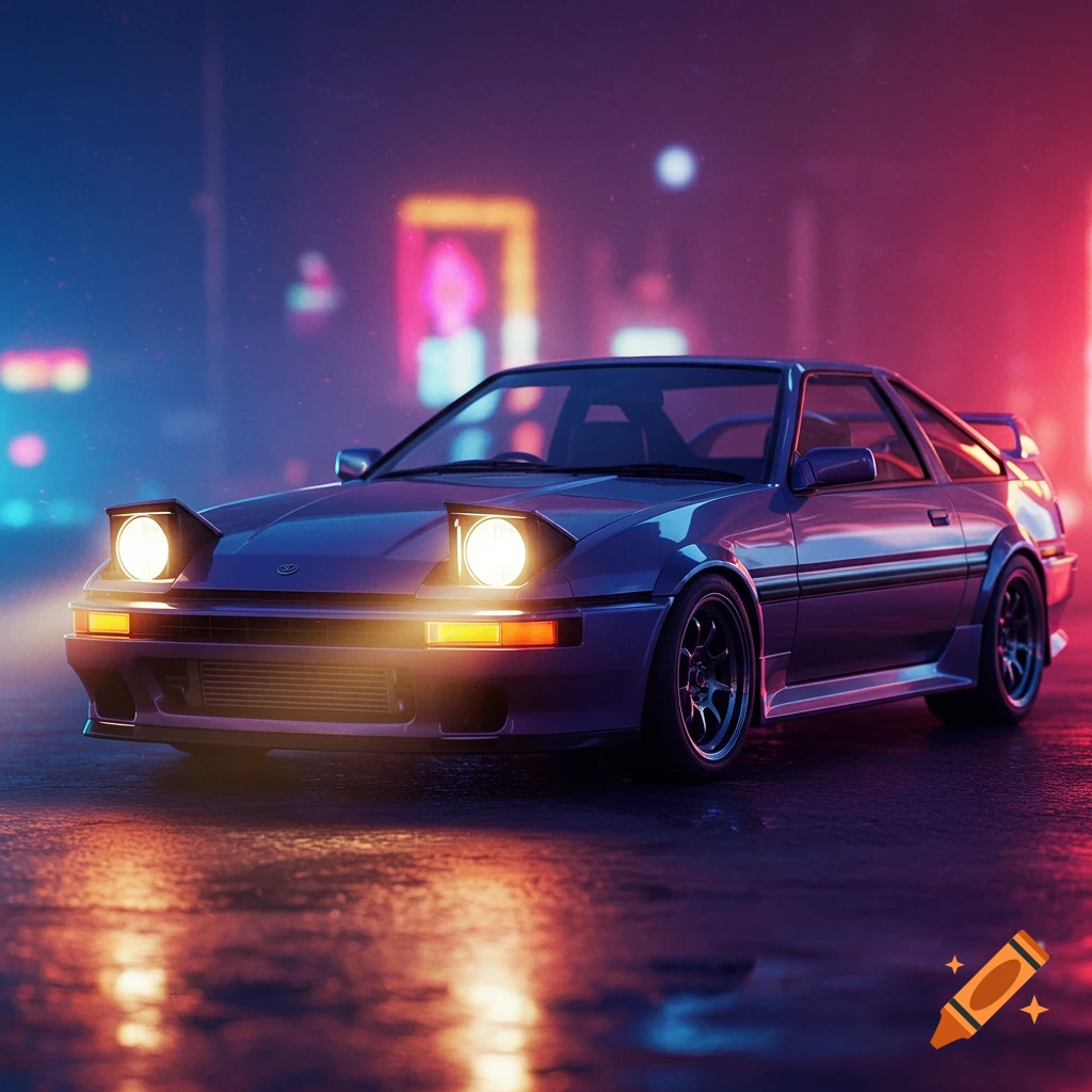 A purple sports car with pop-up headlights on a wet street at night with neon lights.