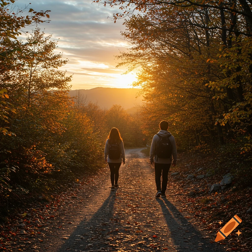 Two people hike down a leaf-strewn path through an autumn forest at sunset, casting long shadows.