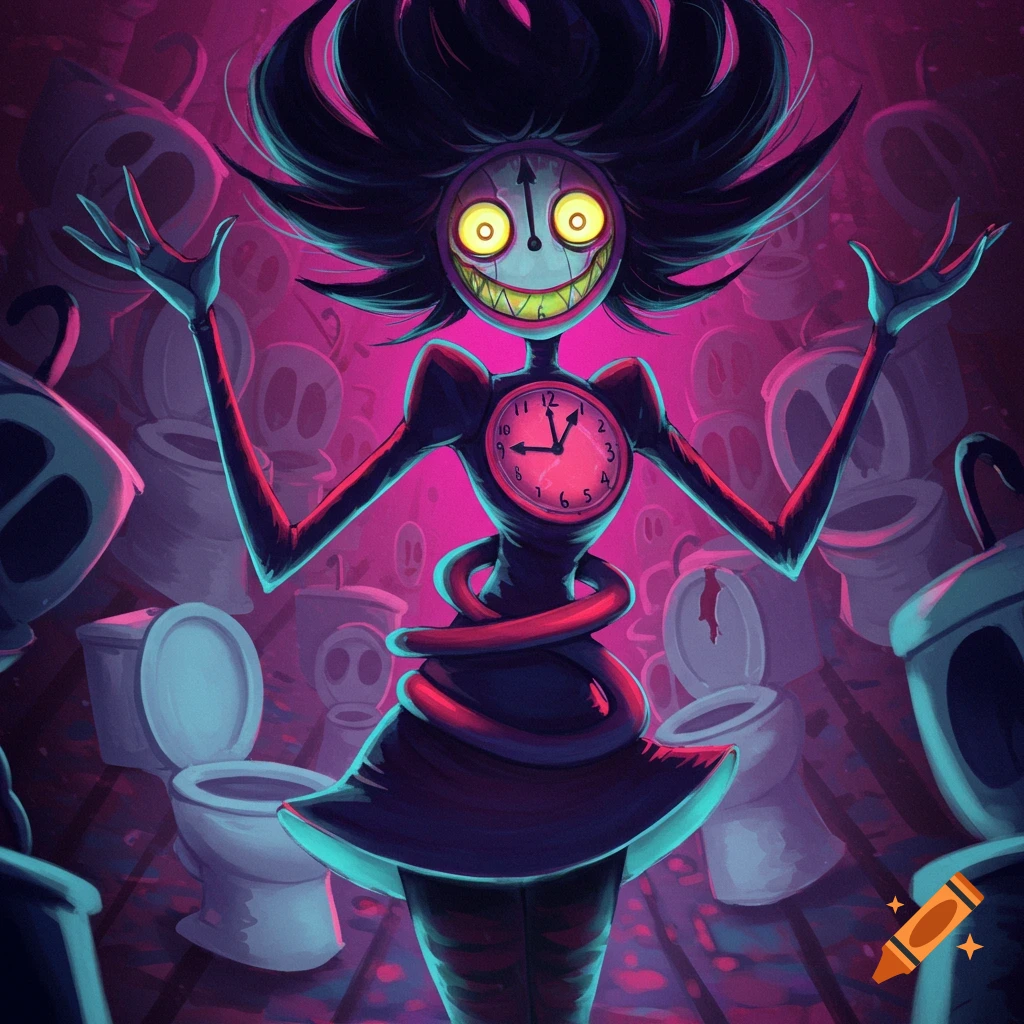 Bizarre clock-faced character stands amidst toilets in a dark scene
