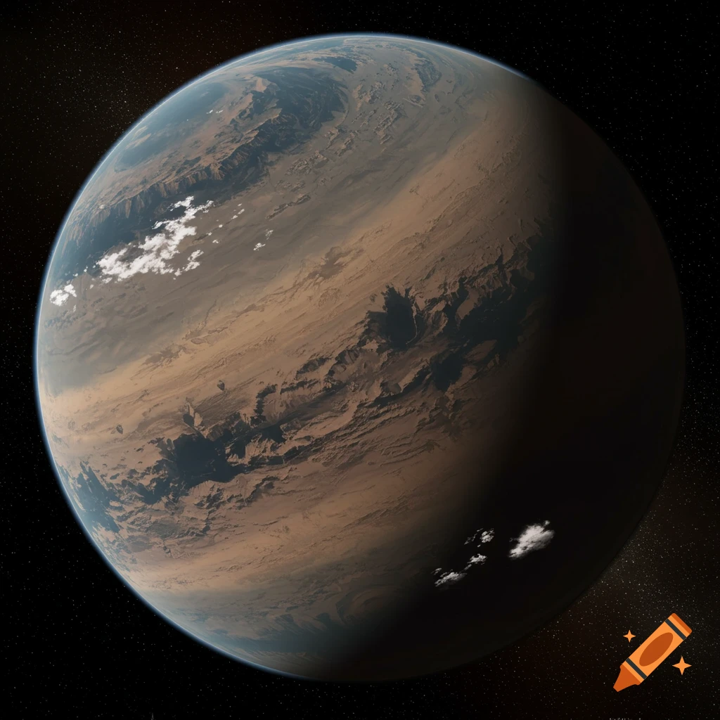 A planet from space with dirt, rock, and clouds.