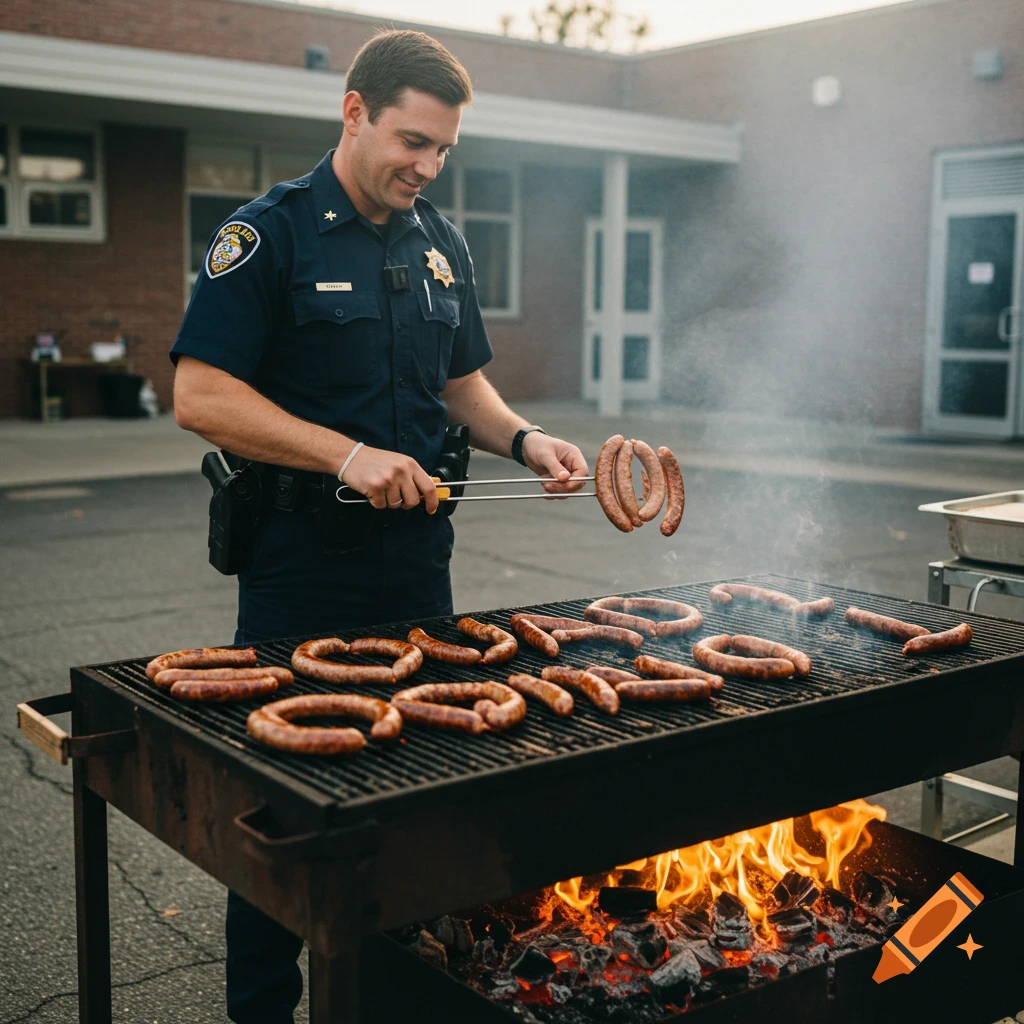 A police officer smiles while grilling sausages on a barbecue.