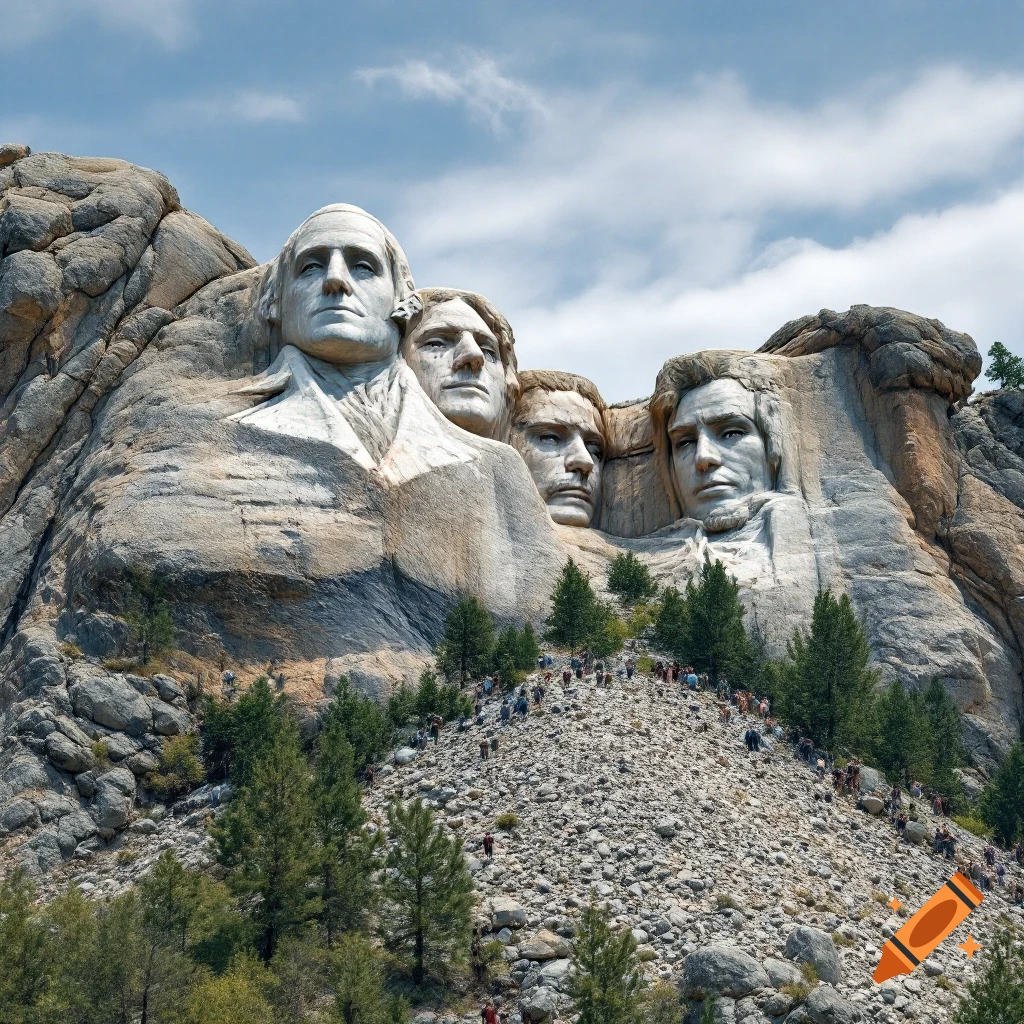 Mount Rushmore-style carving of four celebrity faces on a mountain with people on the slopes below