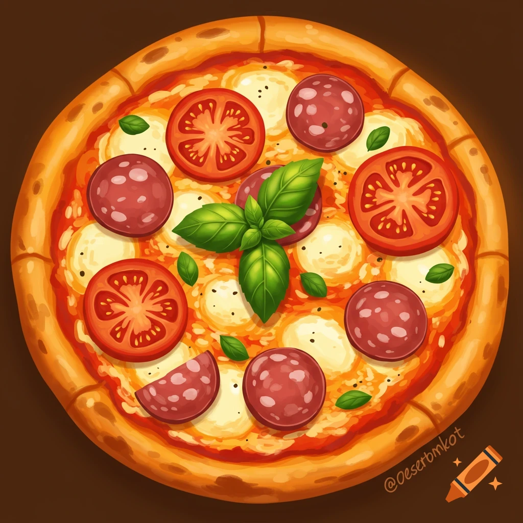 A pizza with pepperoni, tomatoes, mozzarella, and basil, viewed from above.
