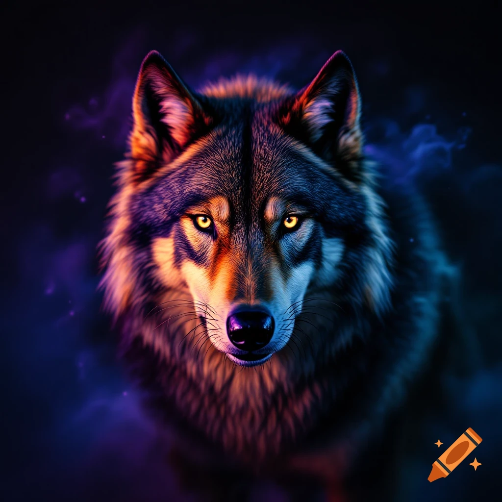 Close-up portrait of a wolf with glowing yellow eyes, set against a dark background with purple and orange atmospheric effects.
