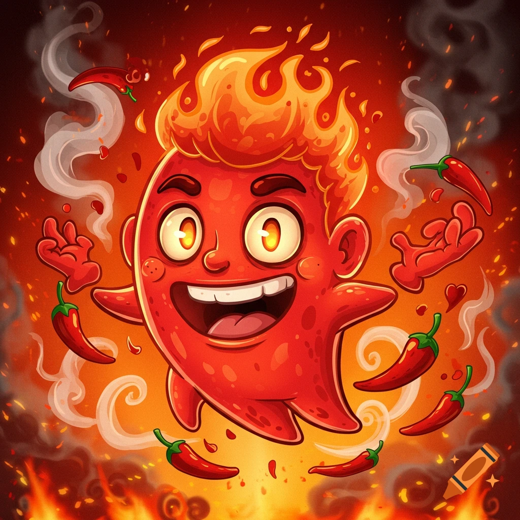 A happy cartoon chili pepper character surrounded by flames and peppers.