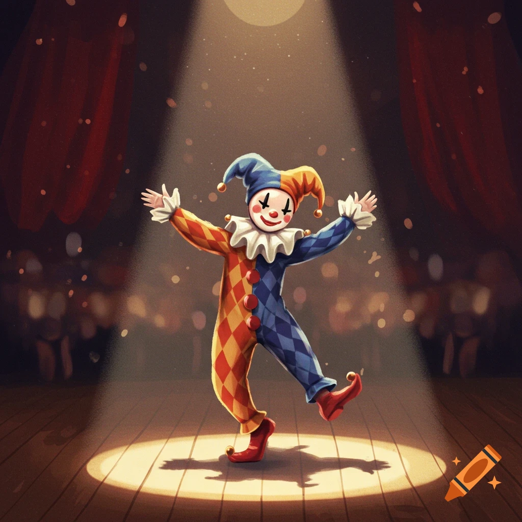 An illustration of a harlequin jester clown doll dancing under a spotlight on a stage.