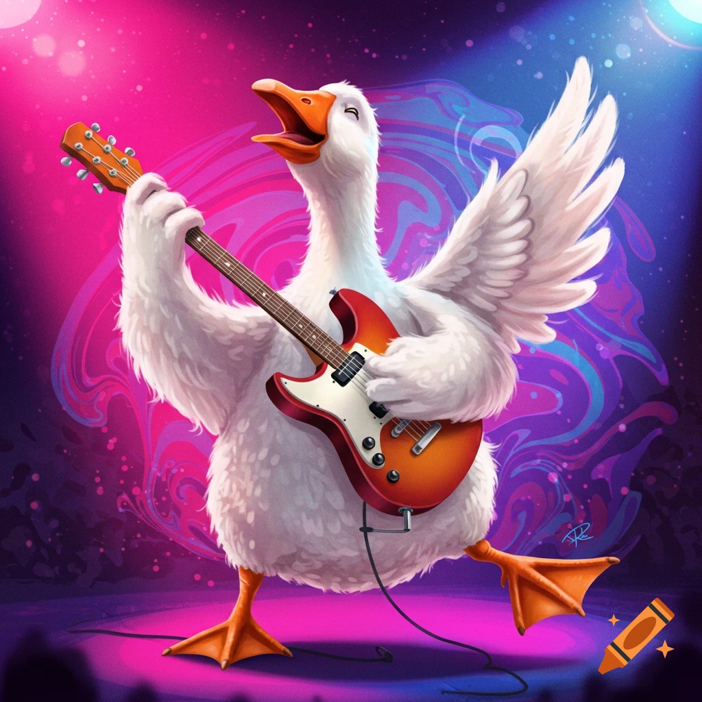 A cartoon goose playing guitar on stage with a fox and a squirrel also