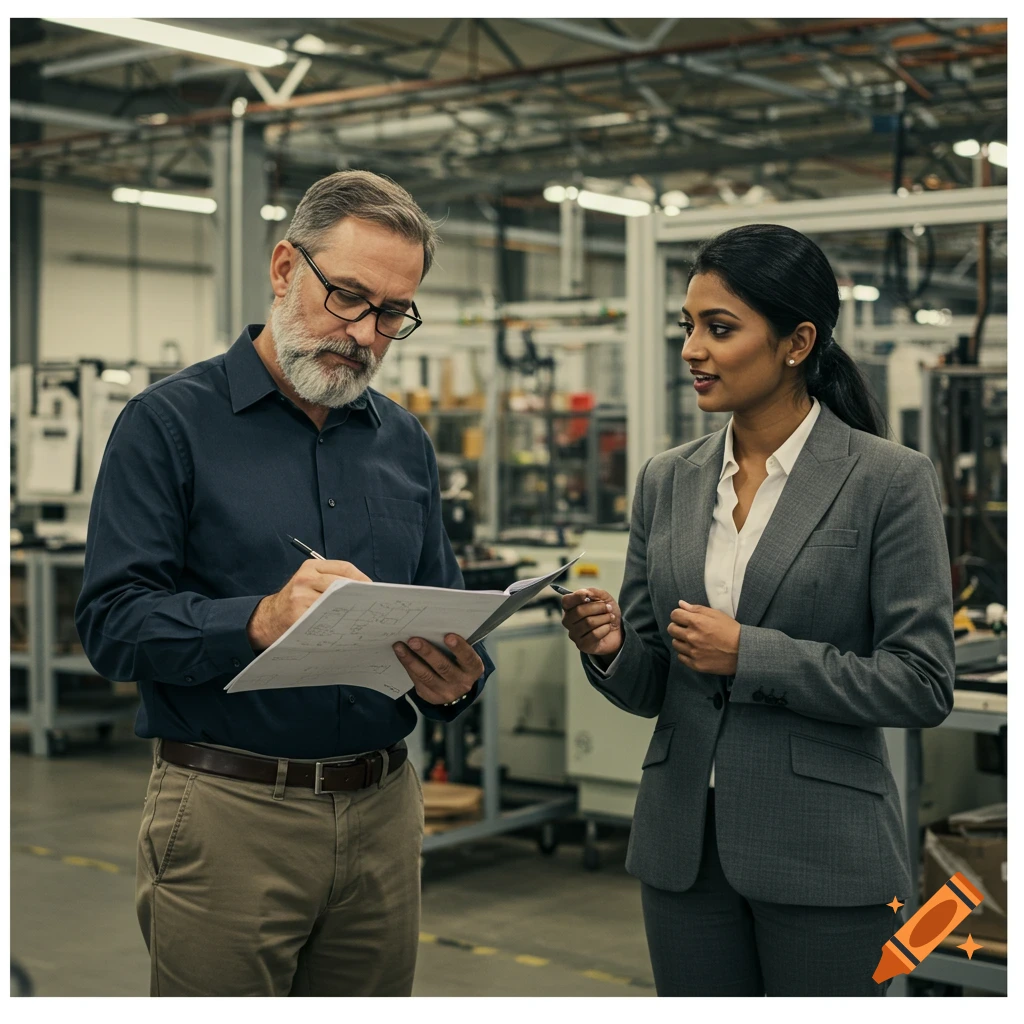 Two professionals, a man and a woman, review a document in a factory or industrial setting.