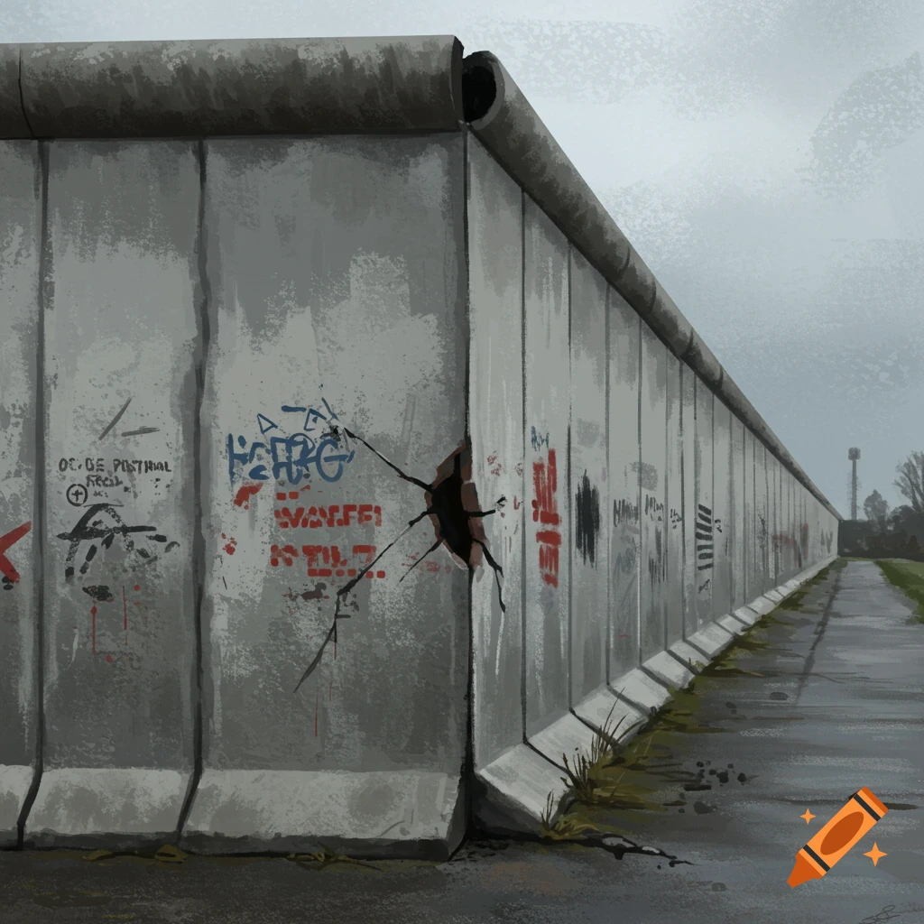 The Berlin Wall with graffiti and a hole in the concrete.