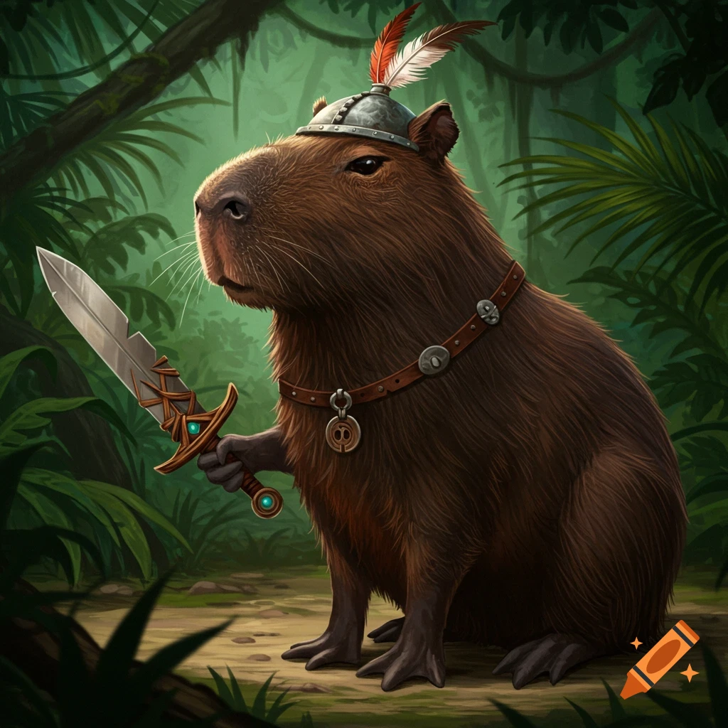 A capybara warrior in a jungle holding a sword and wearing a helmet.
