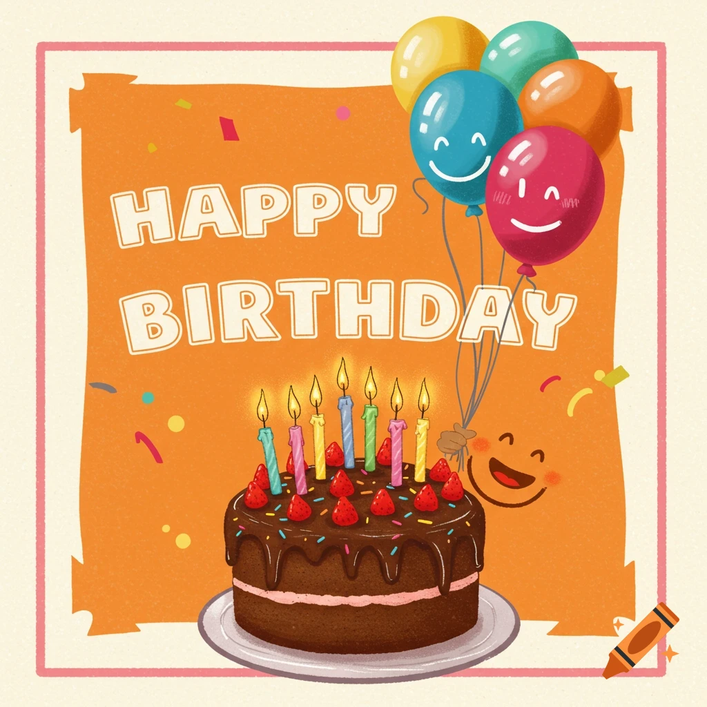 A birthday card with a chocolate cake, candles, balloons with faces, and 'Happy Birthday' text.