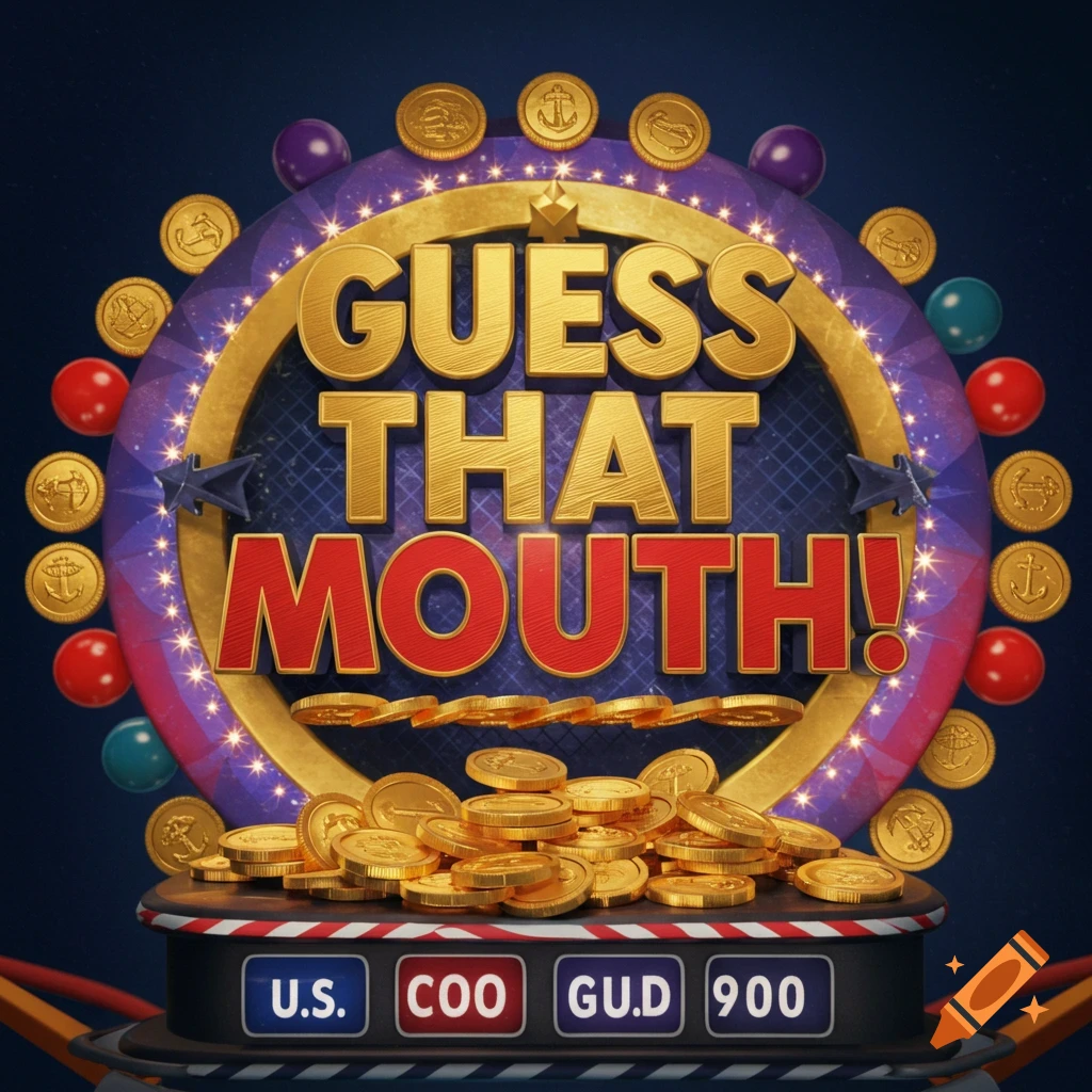 Game show logo 'Guess That Mouth!' with gold coins, colorful lights, Coast Guard theme