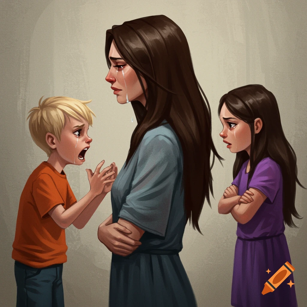 Painting of a crying mother with two distressed children arguing.