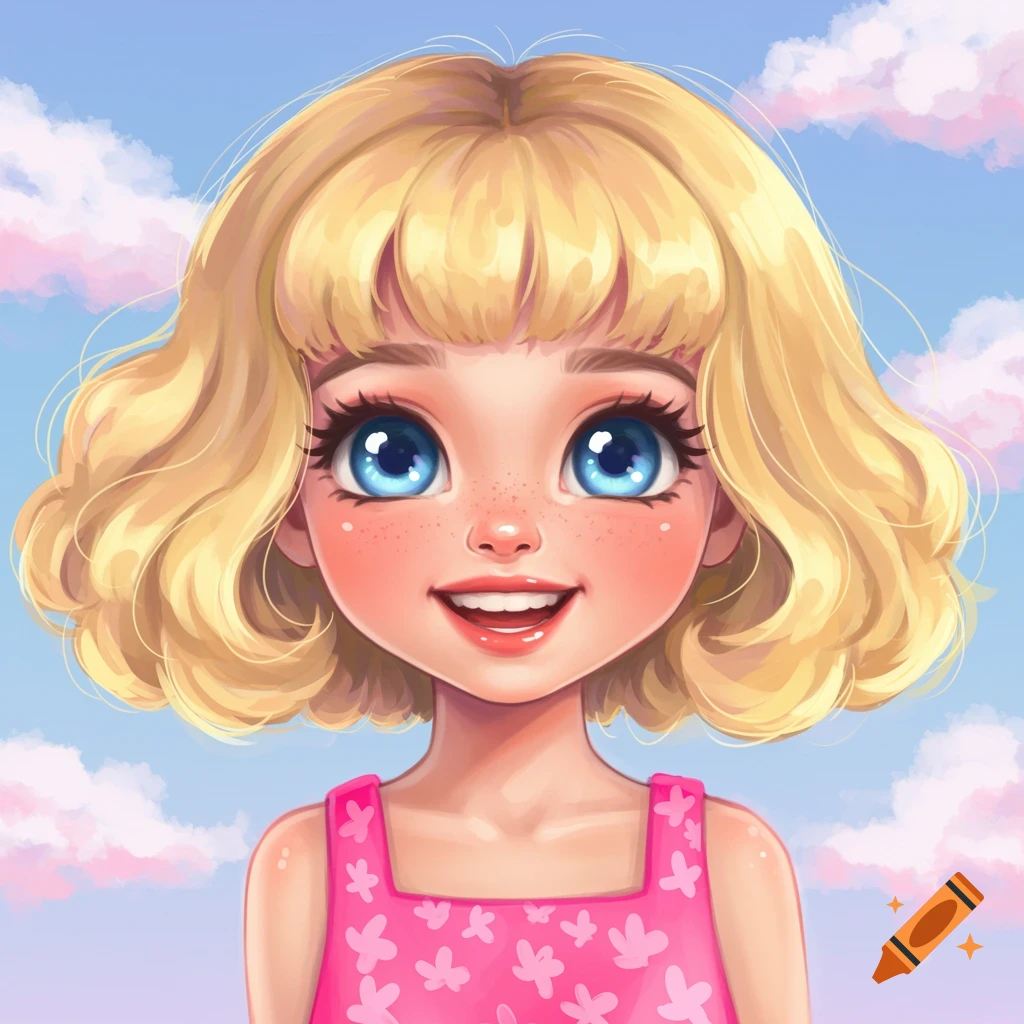 A smiling cartoon girl with blonde hair and blue eyes.