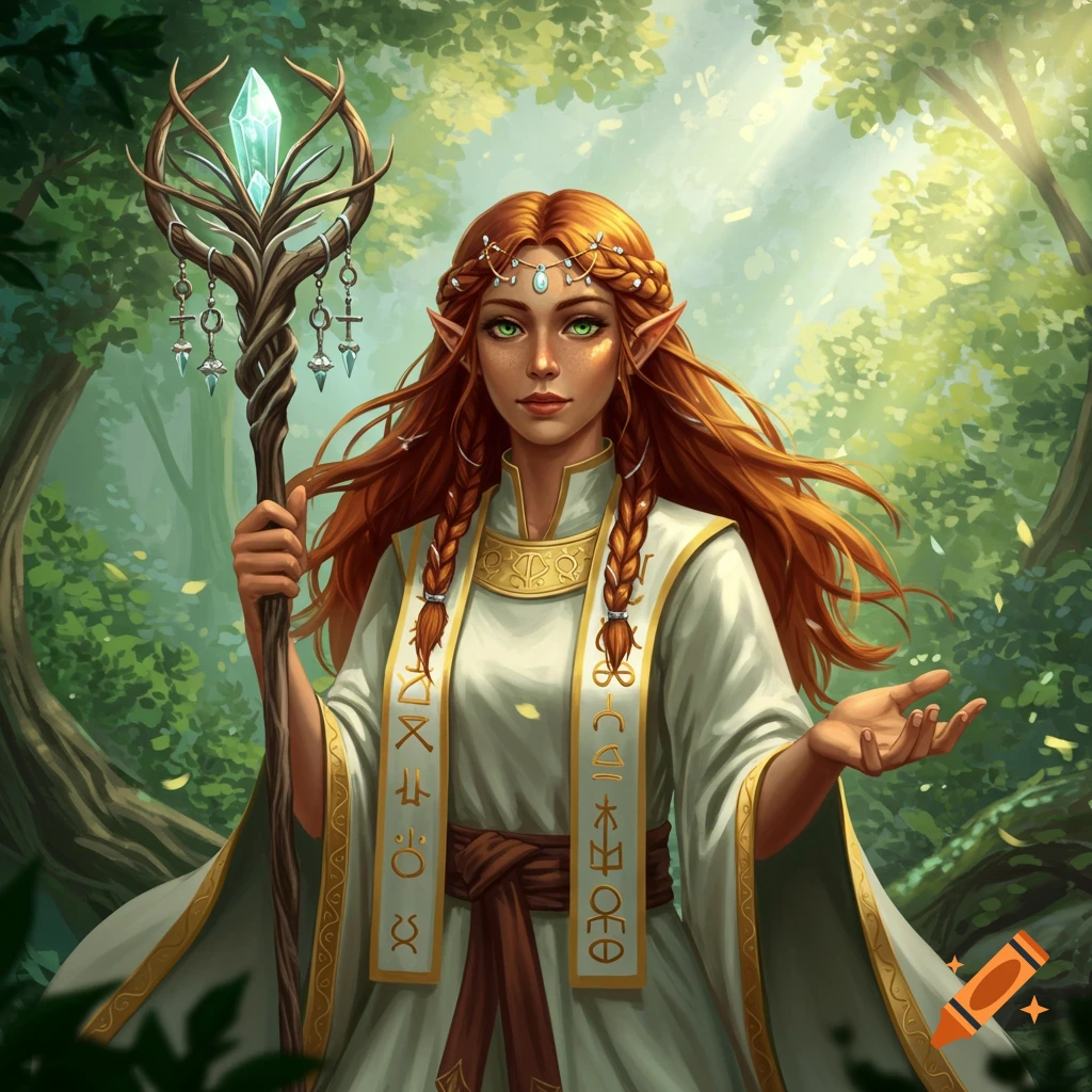 A red-haired elf priestess in a white robe stands in a forest, holding a staff.