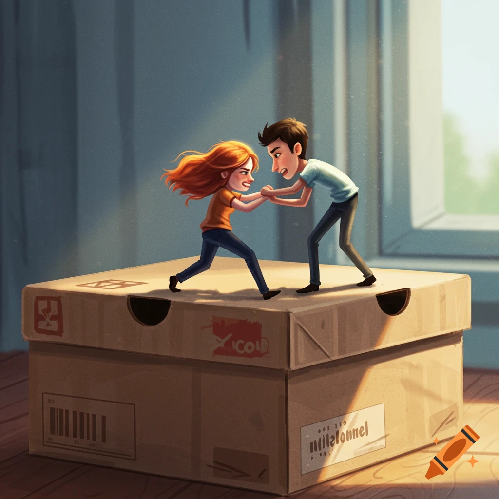 Two small people wrestle on a large shoebox.