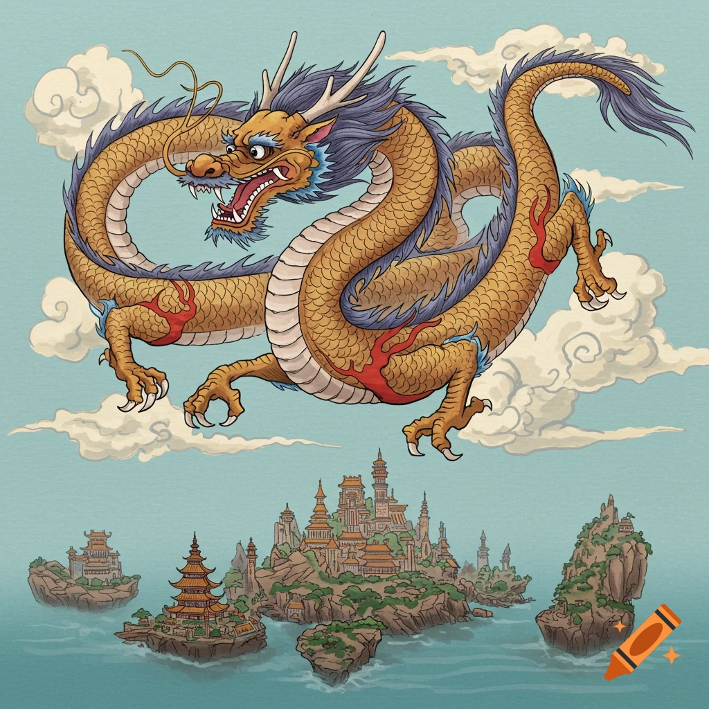 Illustrated Chinese dragon flying over islands with temples and buildings.