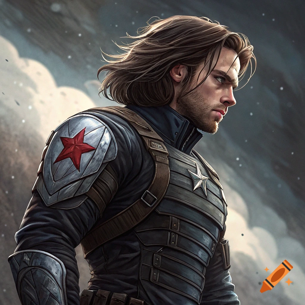 Bucky Barnes in armor, with long hair and beard, against a cloudy sky with snow. Comic art style.