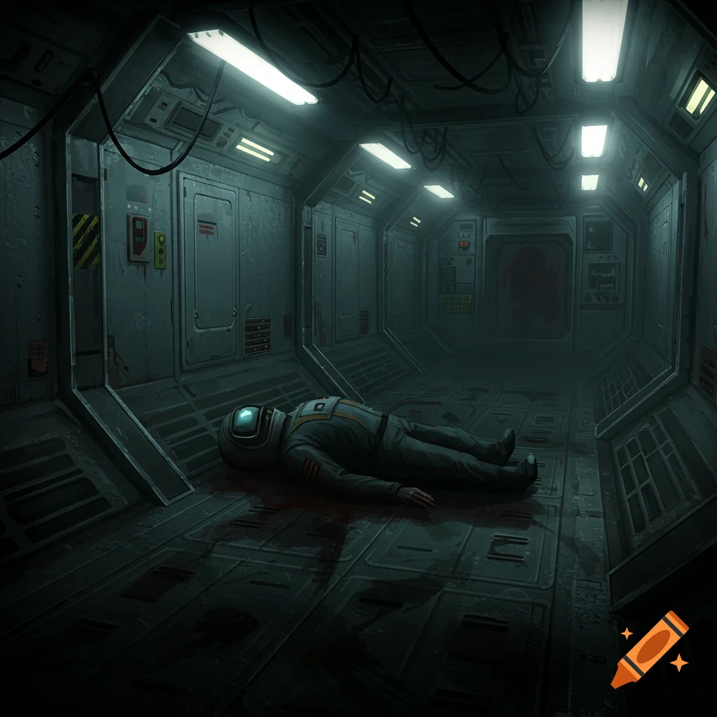 A dead astronaut lying in a bloody spaceship corridor.