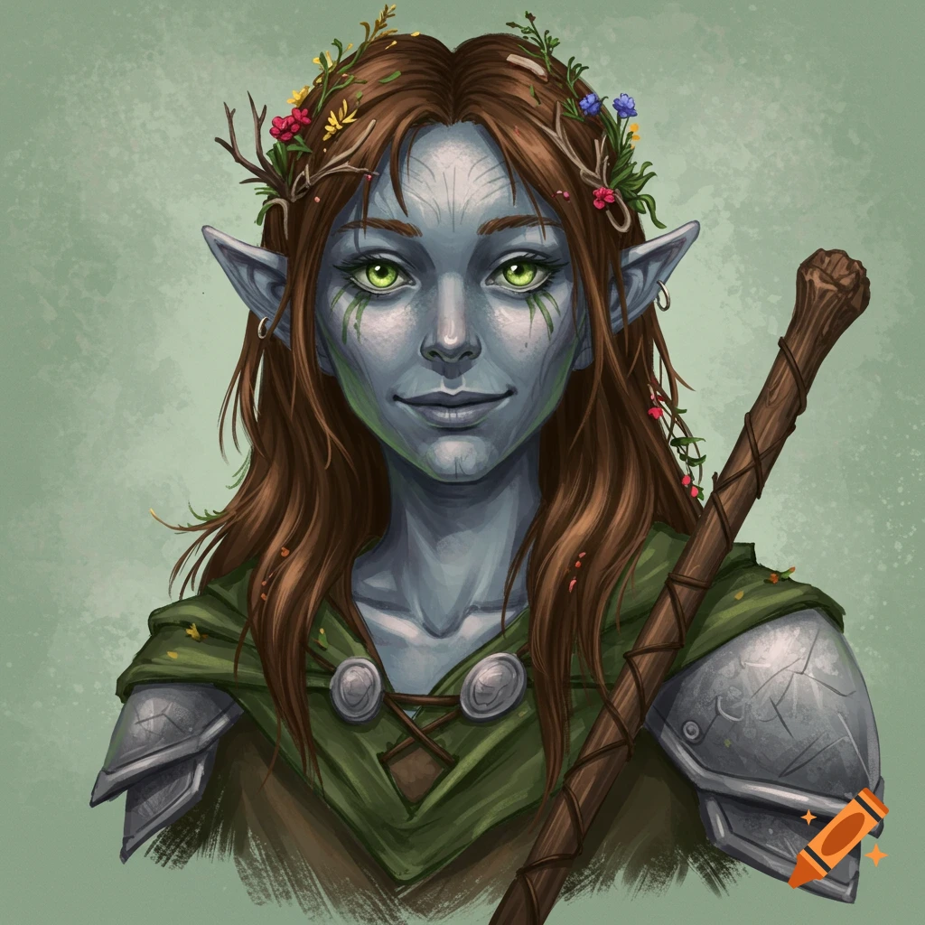 Fantasy character portrait with blue-grey skin, green eyes, brown hair adorned with flowers, armor, and a staff.