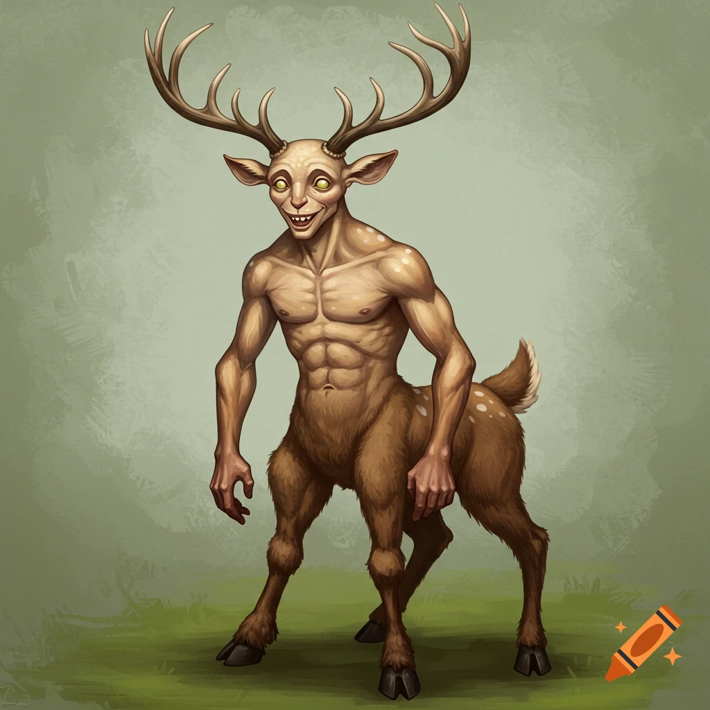 A deer-human hybrid creature standing on grass.