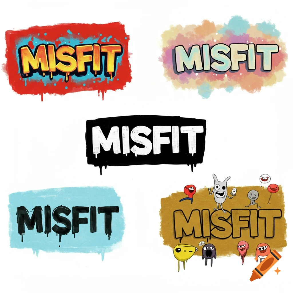 The word MISFIT shown in five different graphic styles, including graffiti and cartoon illustrations.