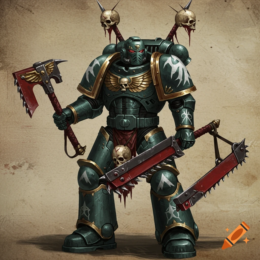 A green Space Marine character holding a chainsaw axe and a chainsaw sword, with skull trophies.