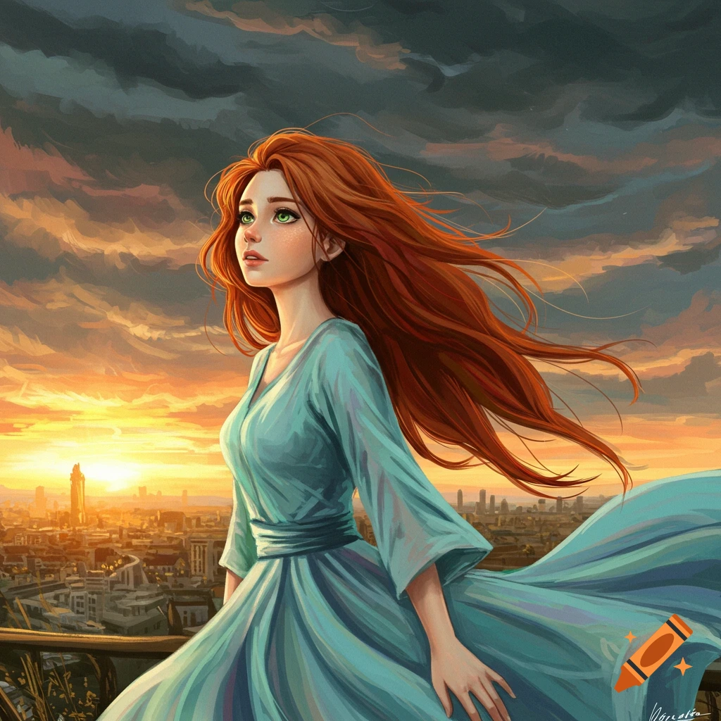 Woman with red hair looking at a city skyline at sunset.