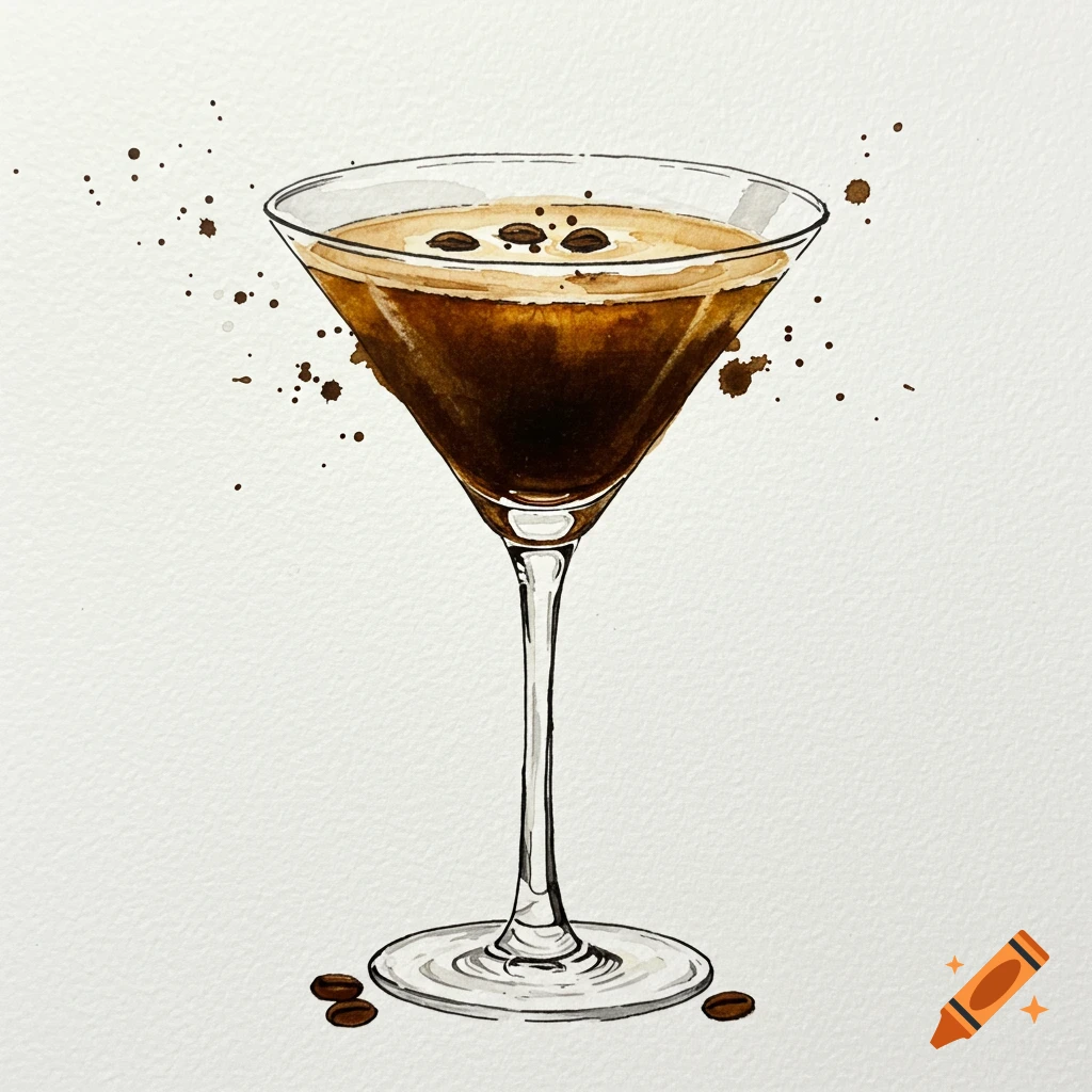 Watercolor painting of an espresso martini with coffee beans on top.