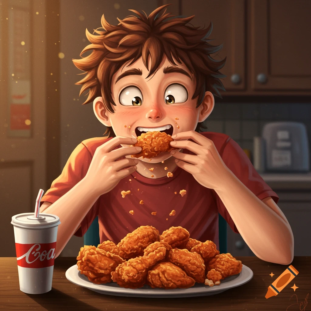 A cartoon boy with messy brown hair gleefully eats fried chicken at a table with a soda.