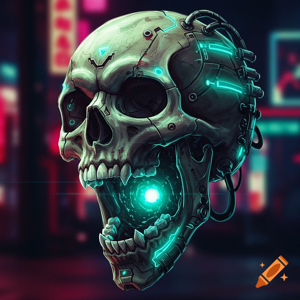 A screaming cyberpunk skull with glowing blue lights.