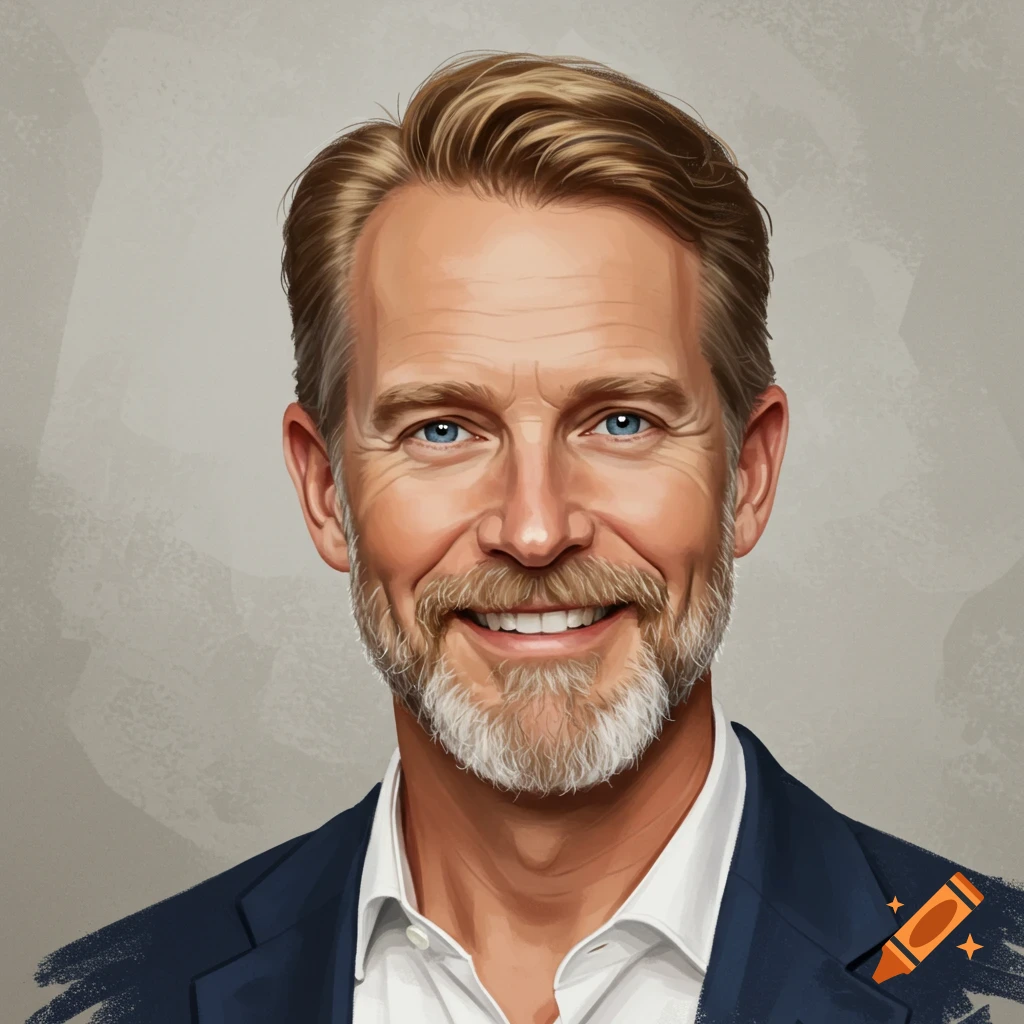 Portrait of a smiling middle-aged man with light brown hair, beard, and blue eyes, wearing a white shirt and blue suit jacket.