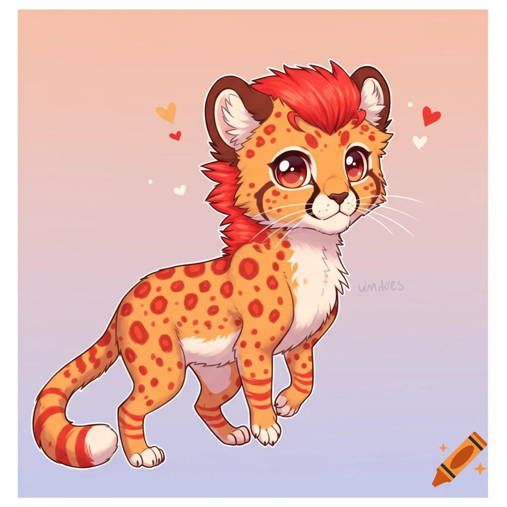 A cute anime-style cheetah with orange fur and red markings stands against a soft background with hearts.