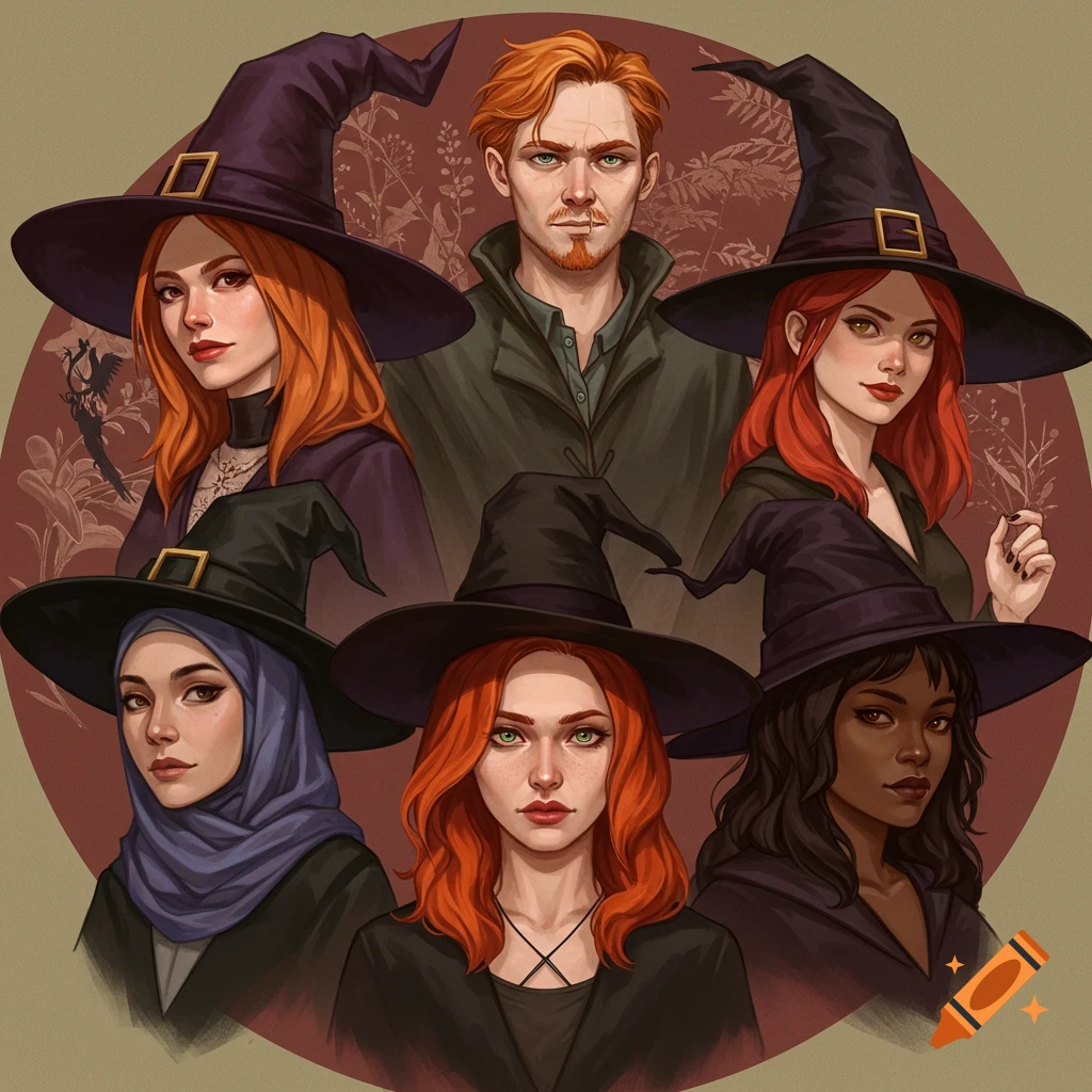 A coven of witches and a warlock in a circular composition.