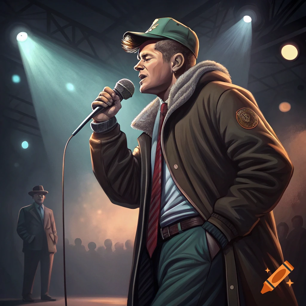 Illustration of a man singing into a microphone on a stage with spotlights and a crowd.