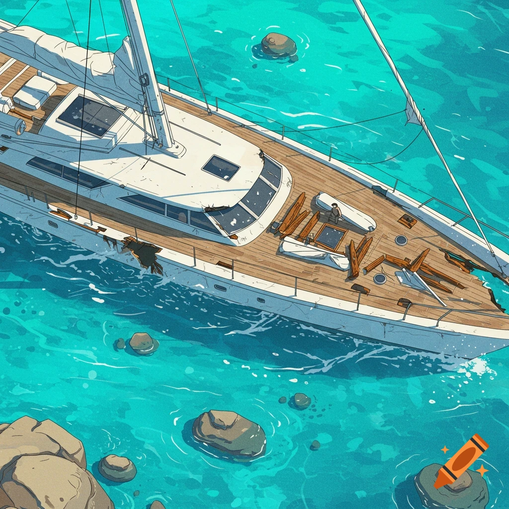 Damaged yacht near rocks in blue water