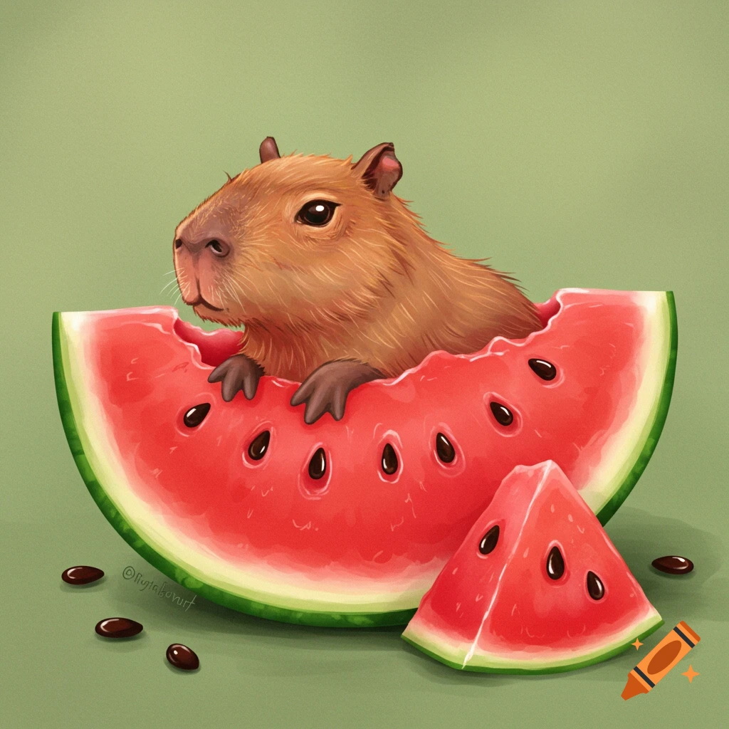 A capybara sitting in a slice of watermelon.
