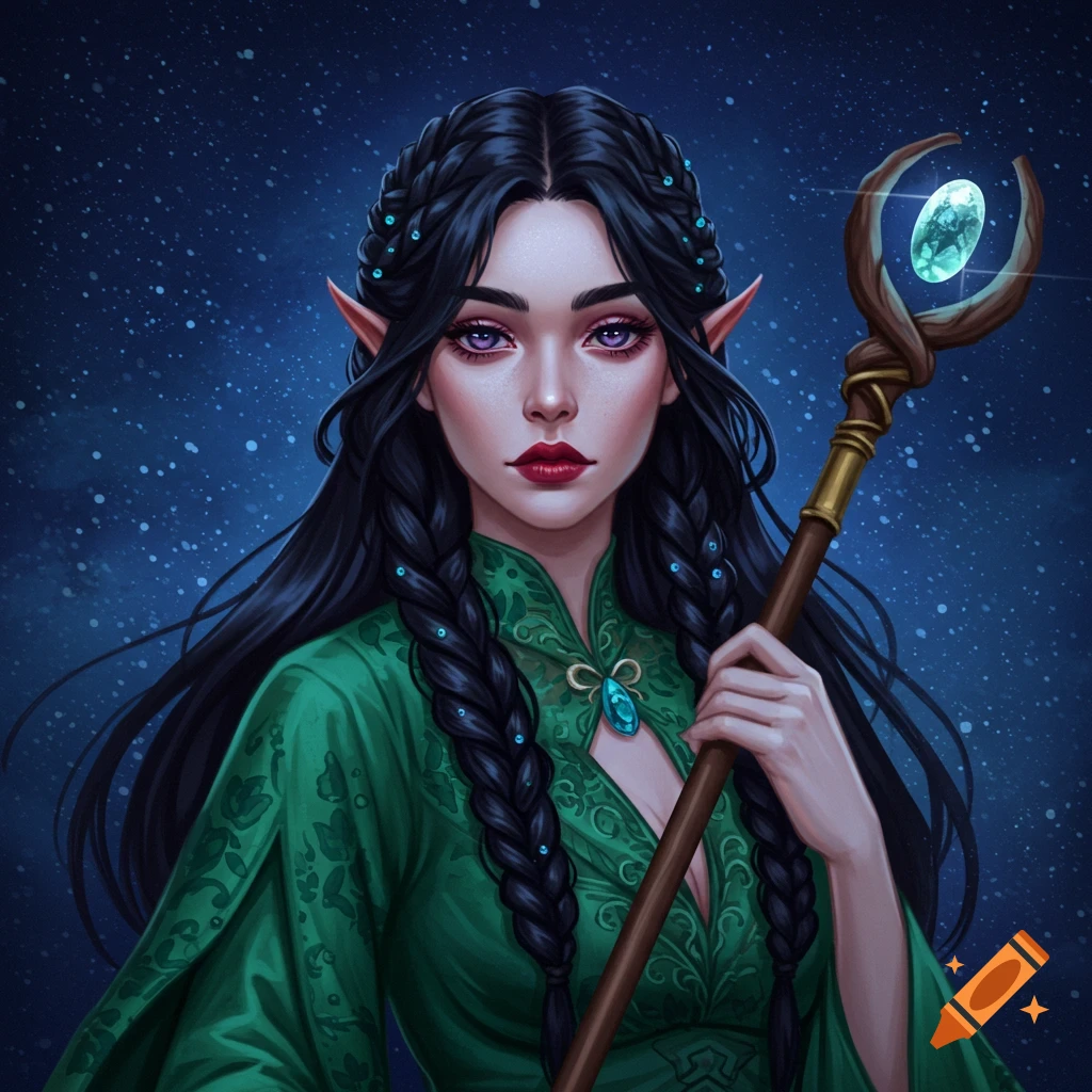 An elf woman holding a glowing staff against a starry sky